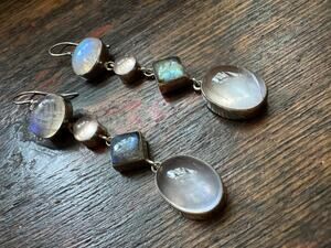 Moonstone Labradorite Tourmaline Sterling 925 Silver Handmade Earrings 3.25 inch